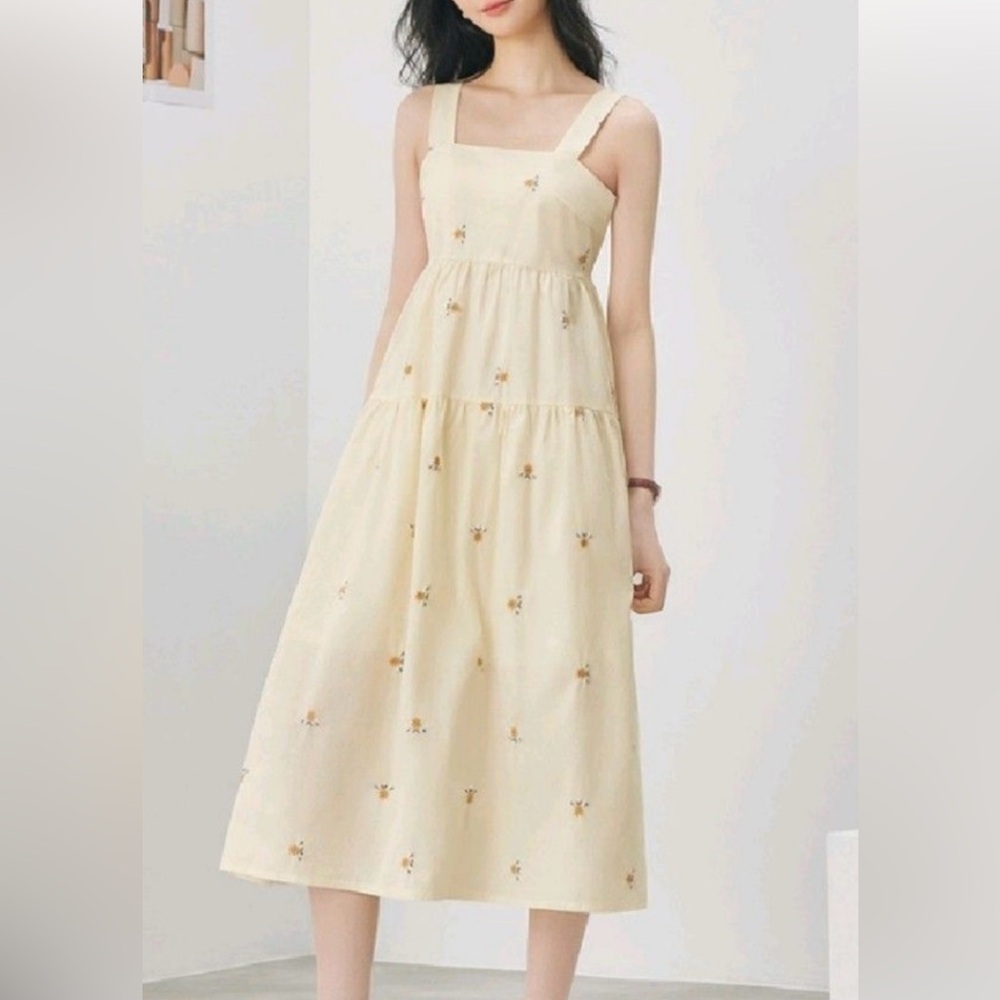 Midi cream embroidered flower dress with ties at shoulders